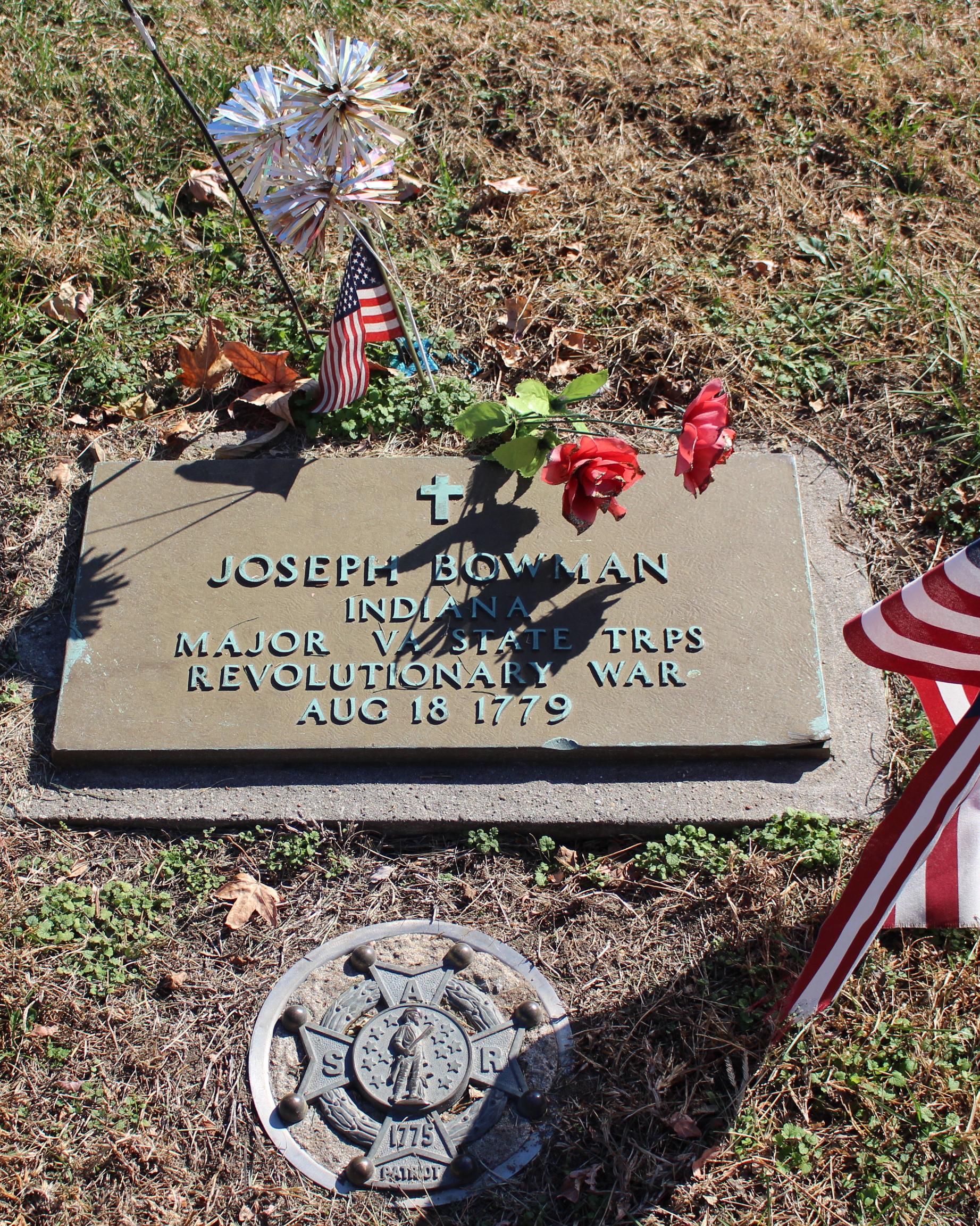 A bronze grave marker: Joseph Bowman, Indiana, Major VA State trps, Revolutionary War, Aug 18 1779
