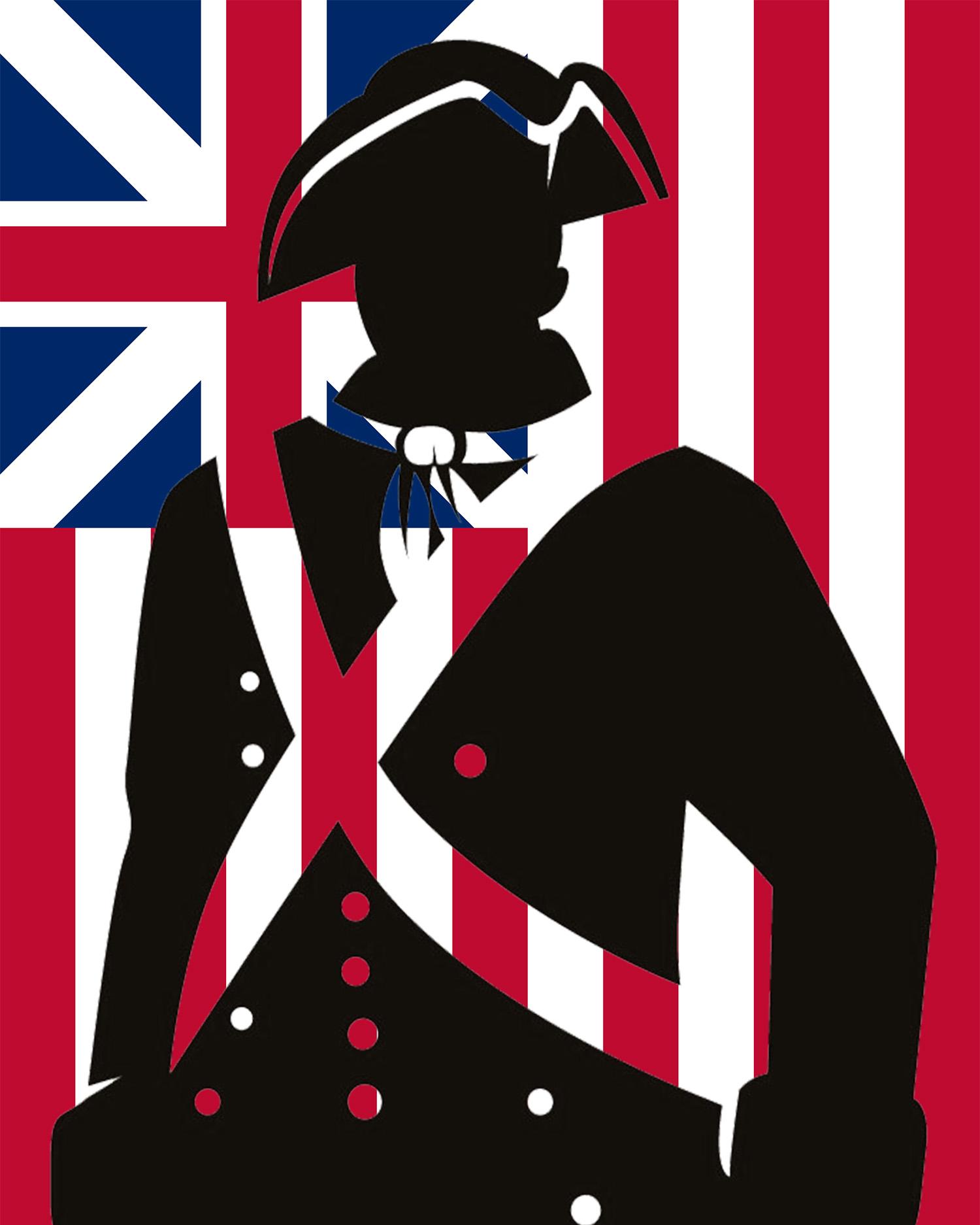 A silhouette of a soldier with a British-like flag behind him.