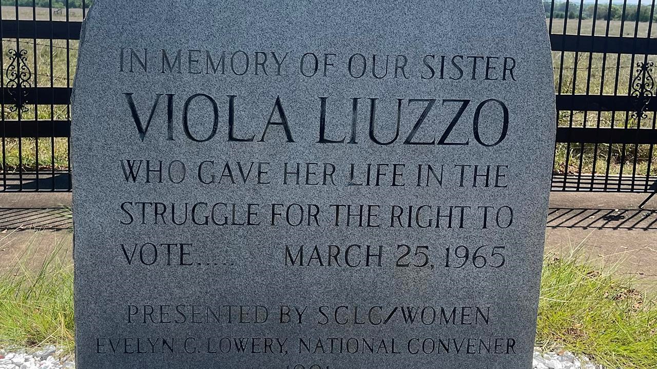 A large stone memorial for Viola Liuzzo