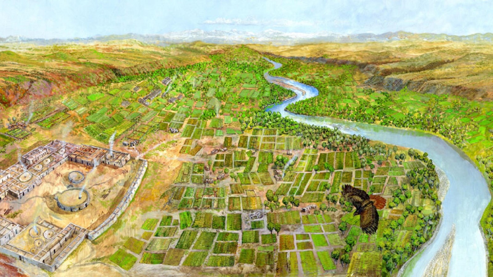 A colored illustration depicting a great house and surrounding farm communities alongside a river.
