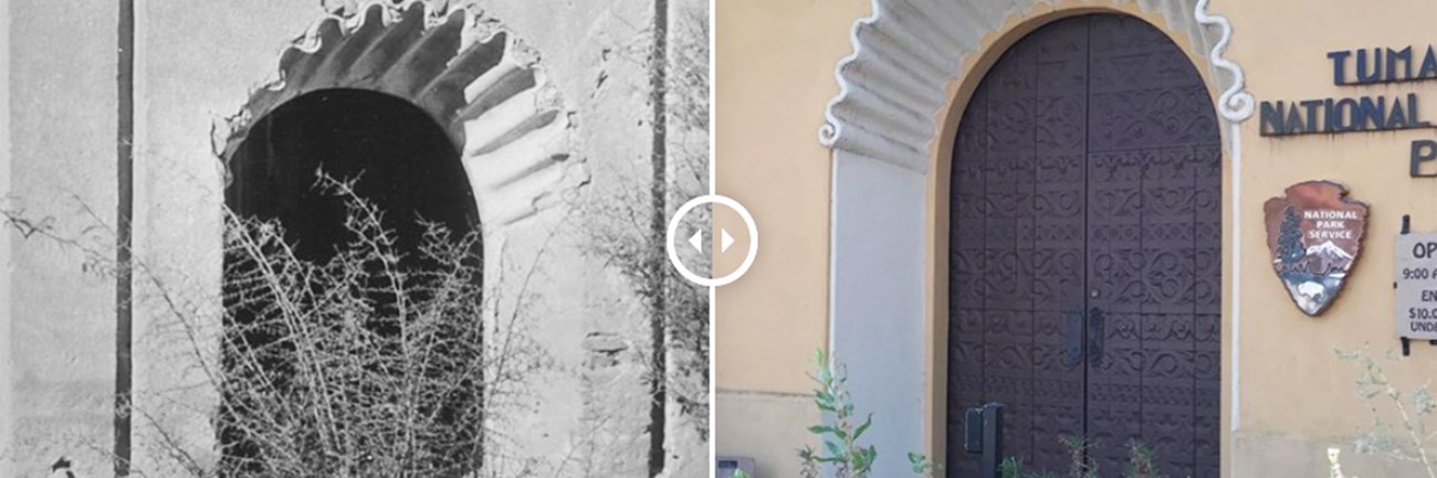 side-by-side comparison of historic and modern scallop-motif doorway