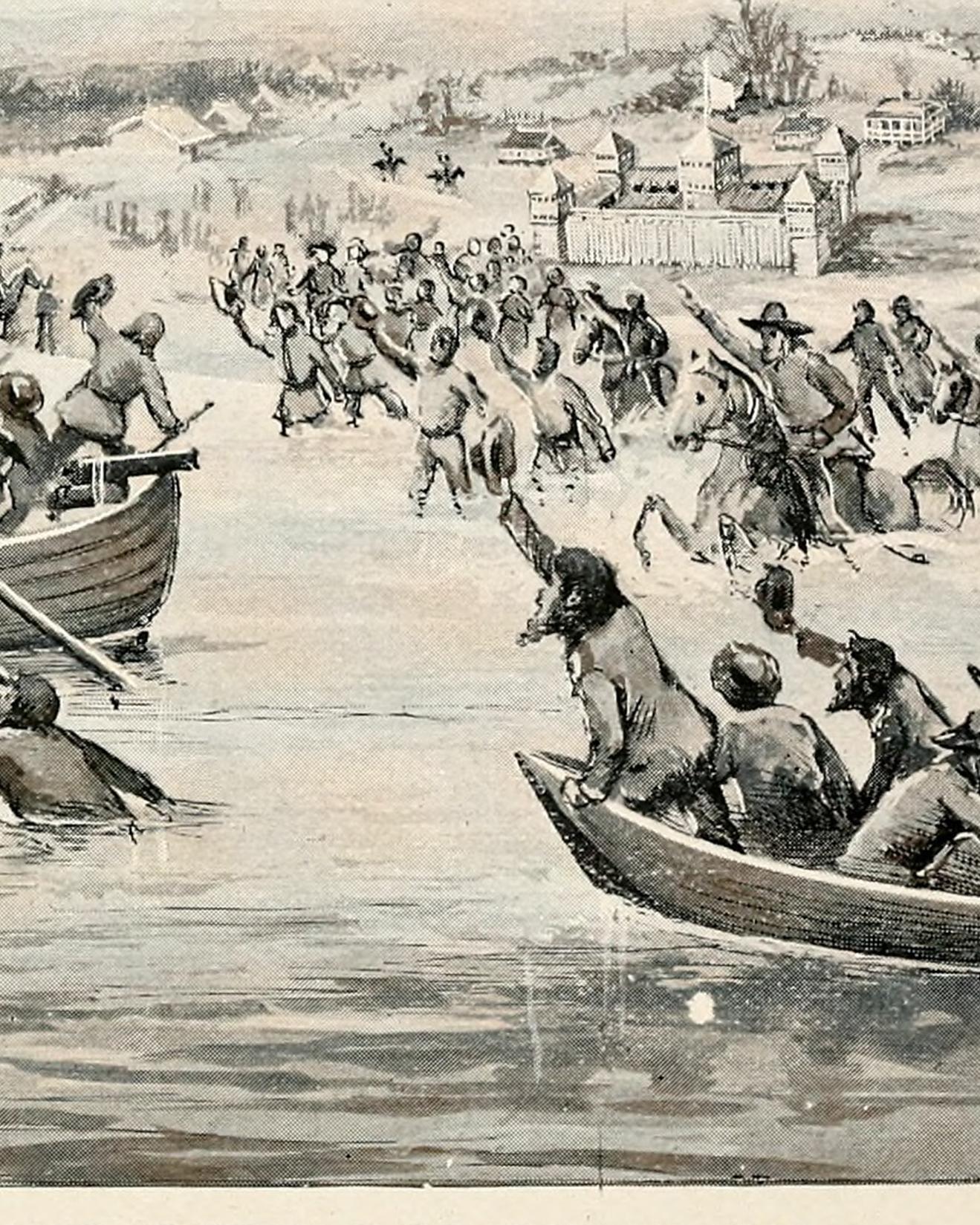 Black and white drawing of British soldiers in boats on a river and American cavalry on shore