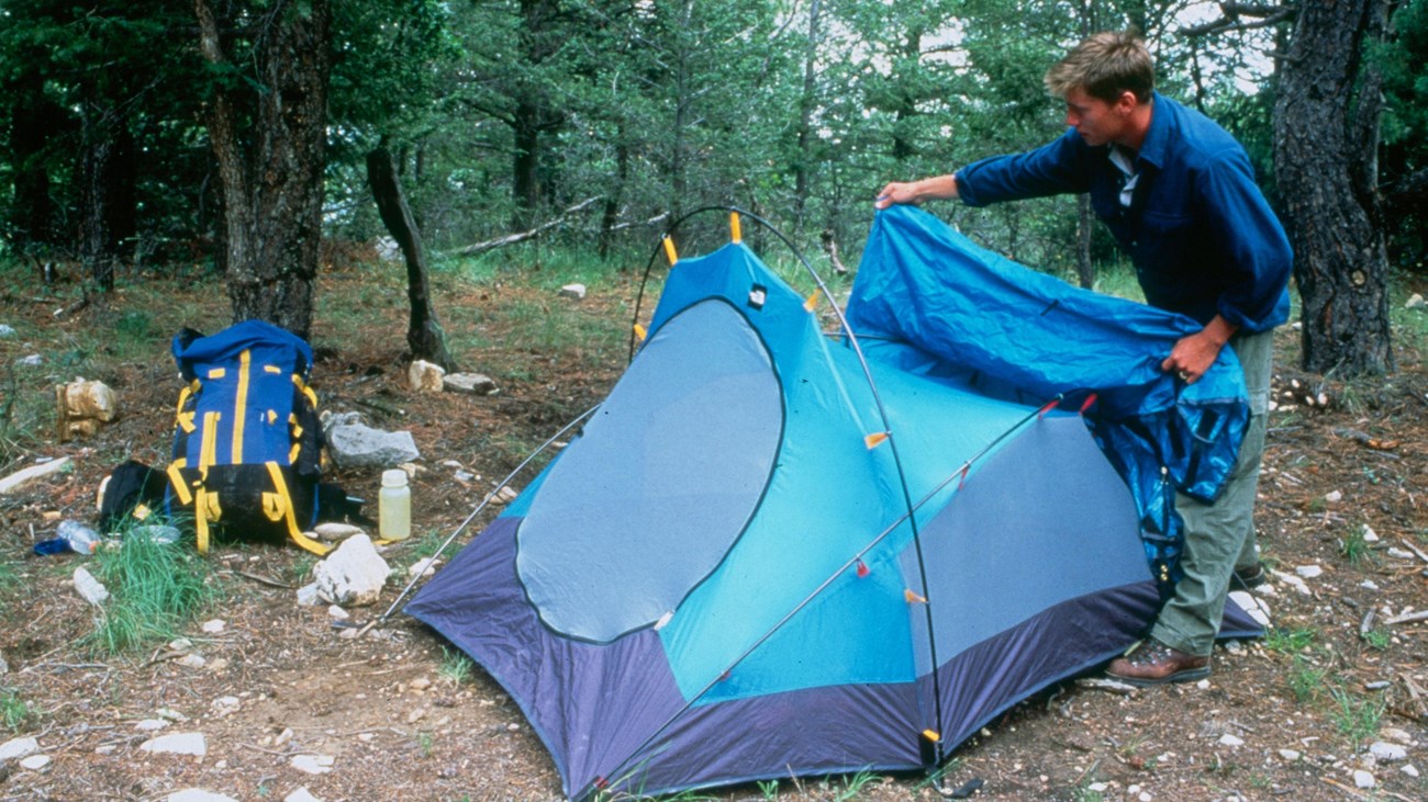 A hiker sets up a blue tent in a forest