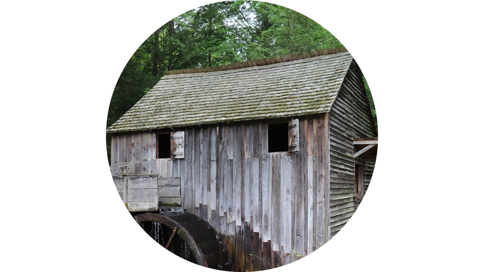 Historic mill with water cascading onto water wheel surrounded by lush vegetation.
