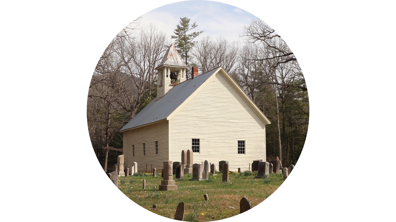 A nineteenth century frame church with a white exterior.
