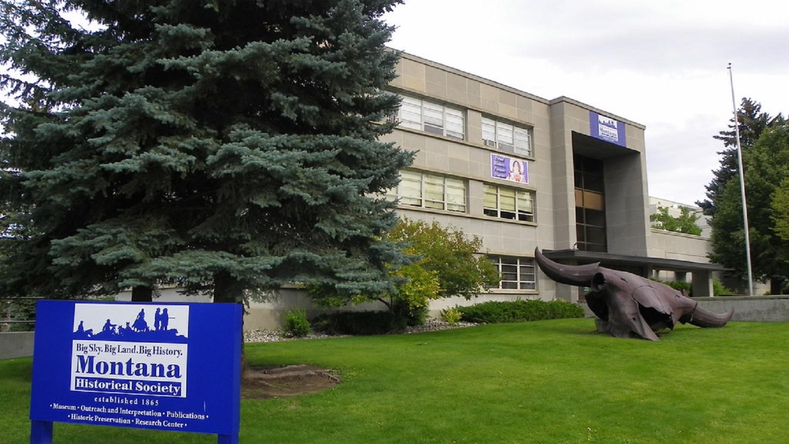 Grey, windowed building with large trees and a sculpture of a skull in front of it.