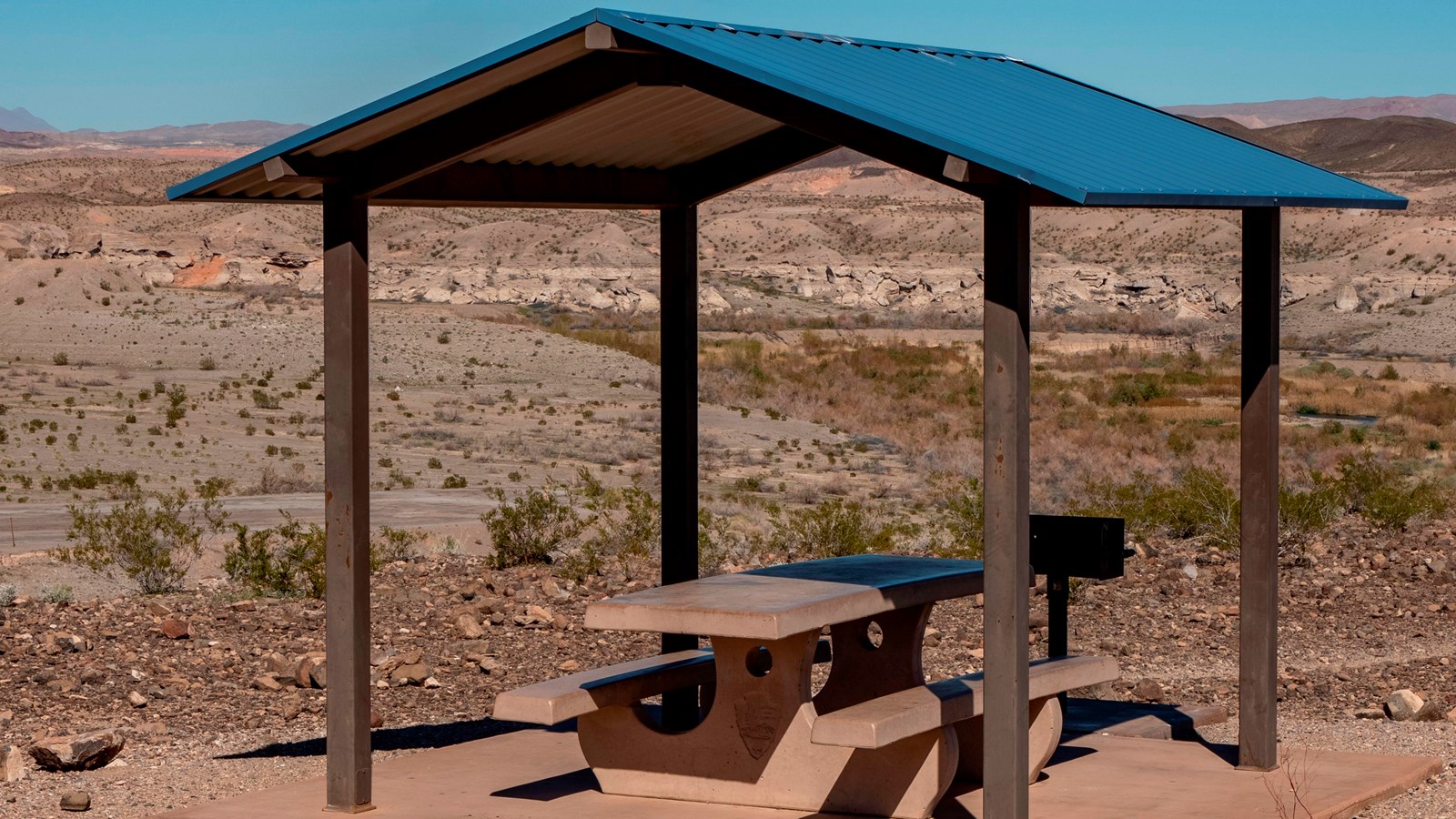 Covered picnic table and desert vegetation. 