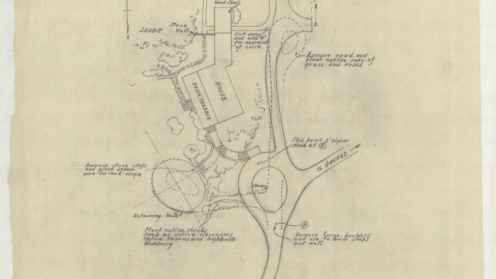 Pencil plan of estate with large home, straight line to house, circle drive in front