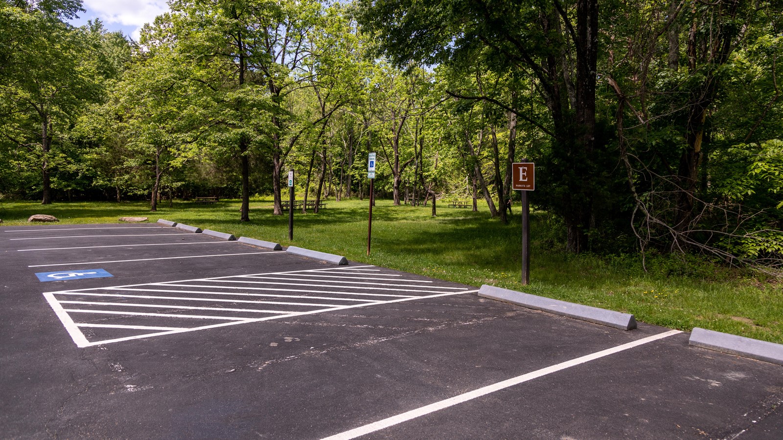A brown sign with the letter E stands next to a grassy meadow with picnic tables and a parking lot