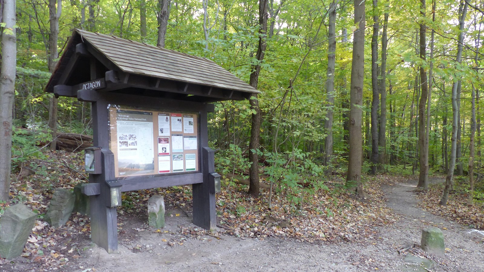 Brown “Octagon” bulletin board with roof and 3 map boxes. Unpaved trail leads right into the woods.