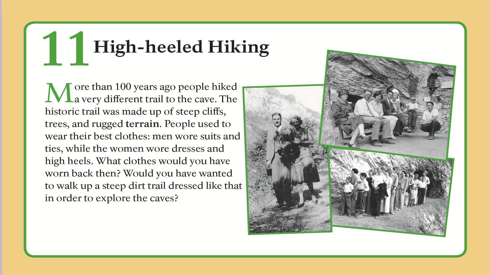 Black and white historic photos of people standing outside a cave