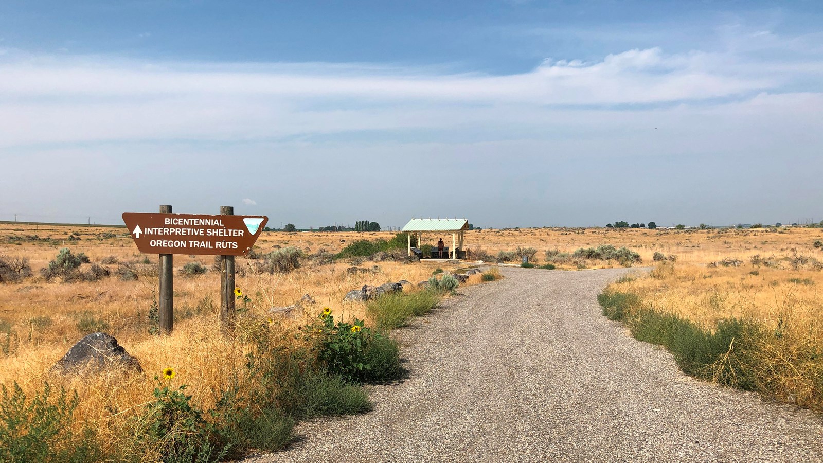 A dirt road leads through a tall grass field and an entry sign.