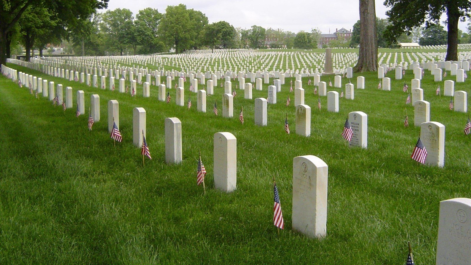 several rows of headstones on a field of green grass. 