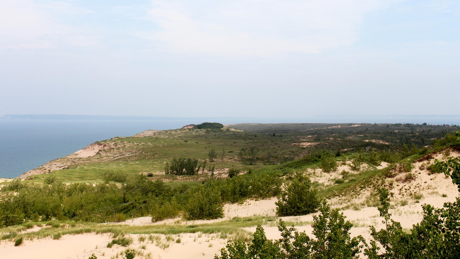 A dune covered in greenery with a large body of water beyond.