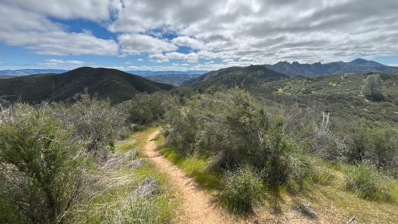 Trail leading through chaparral covered hills overlooking rock formations in the distance.