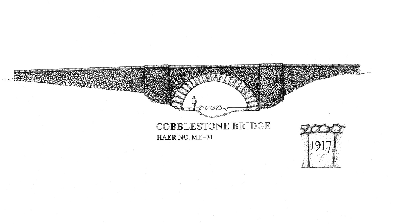 Line drawing of a masonry bridge along Acadia\'s historic carriage road system