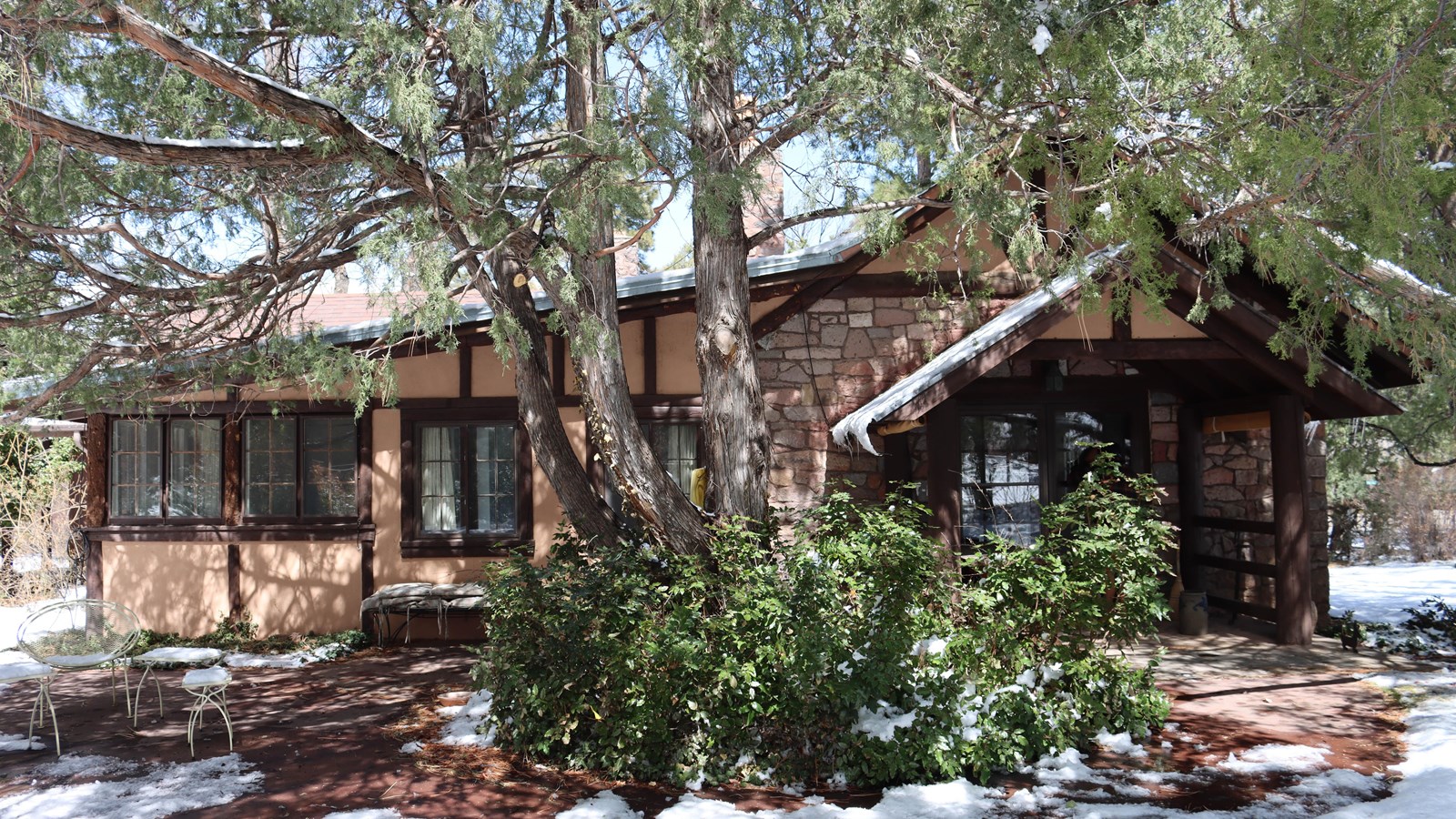 A timber and stucco house sits under large coniferous trees.