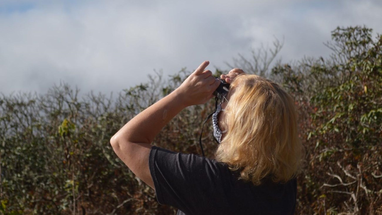 A woman using binoculars looks up in the sky