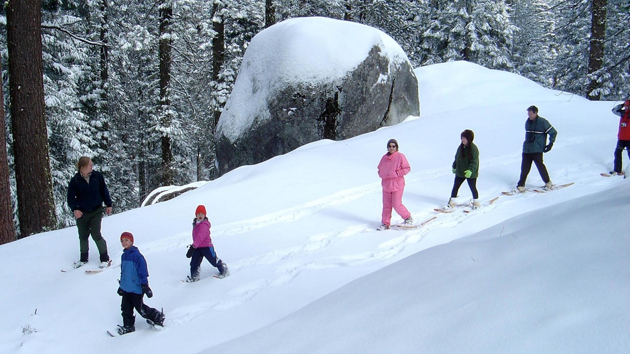 A group of visitors walking down a snowy trail.