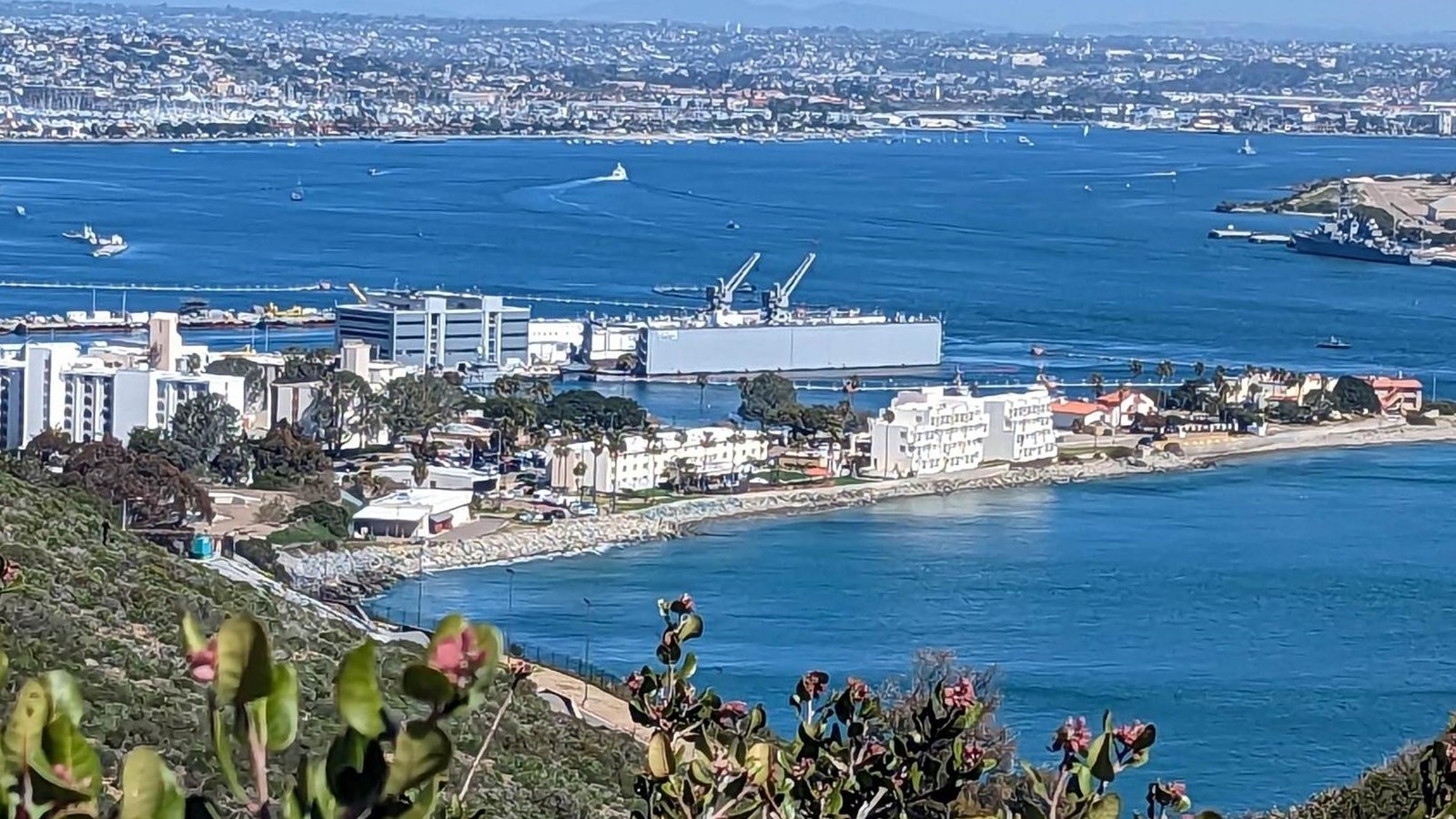 Color photo of a peninsula with buildings on it seen from above