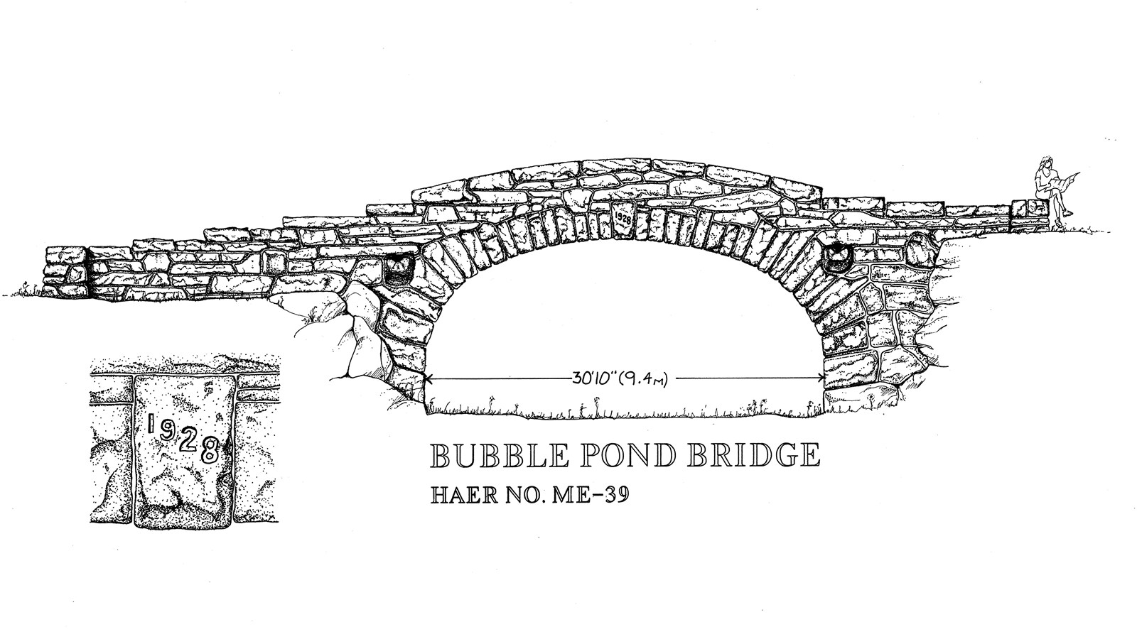 Line drawing of a masonry bridge along Acadia\'s historic carriage road system