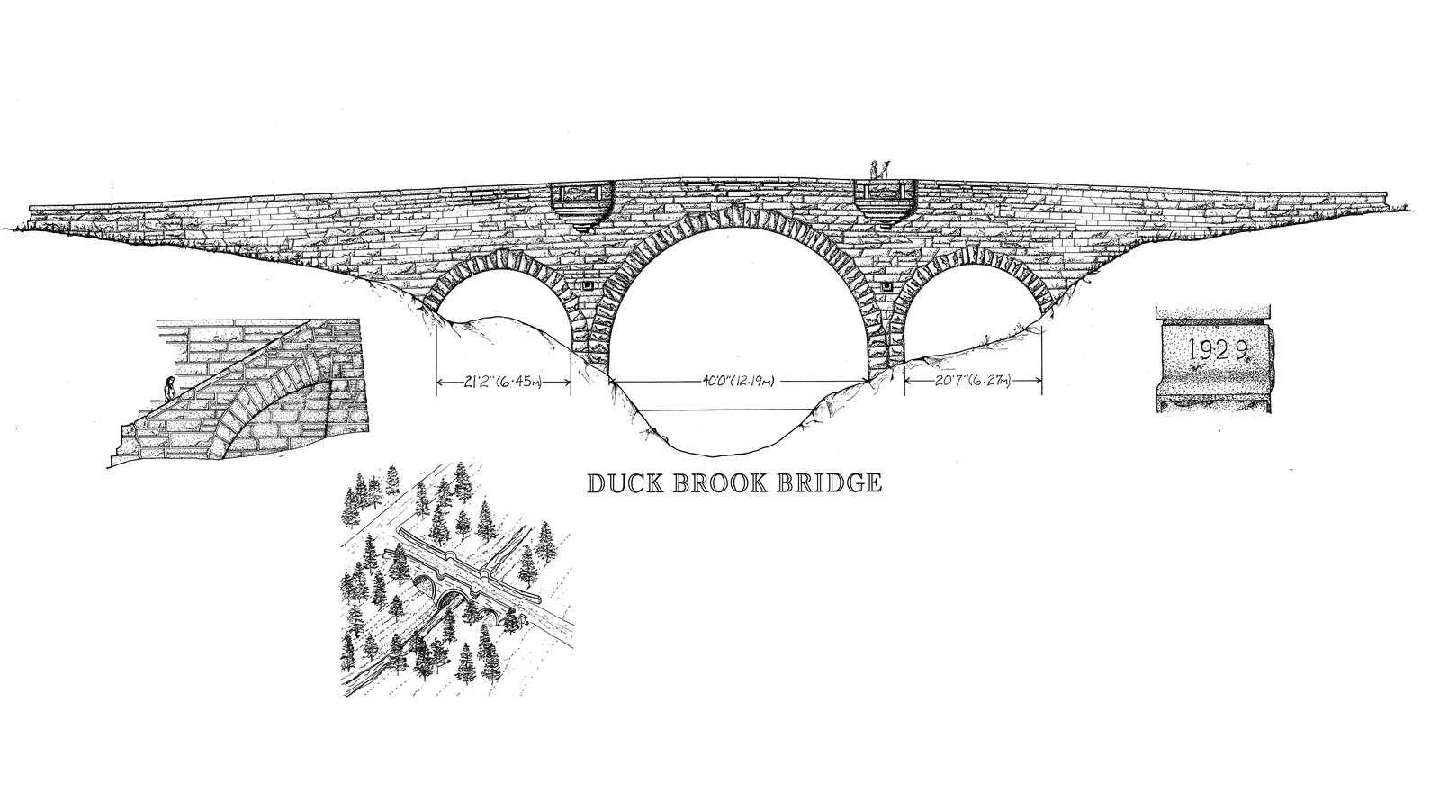 Line drawing of a masonry bridge along Acadia\'s historic carriage road system