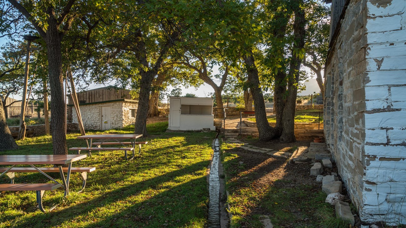 The setting sun casts light and shadows over buildings and a fenced yard with trees. 