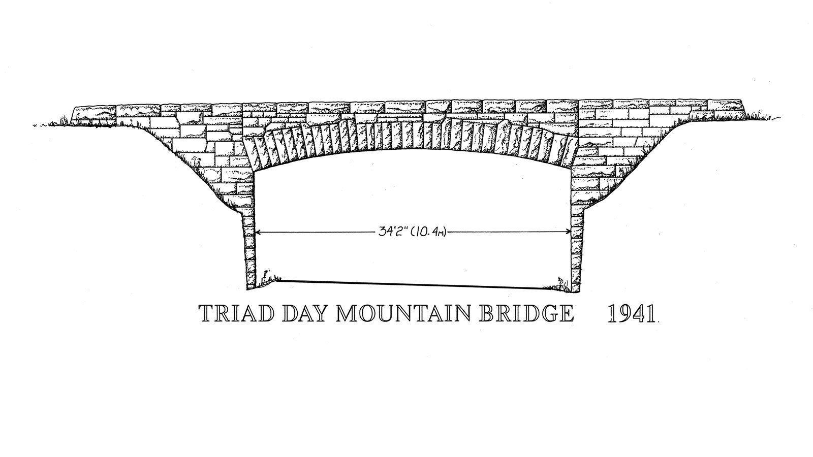 Line drawing of a masonry bridge along Acadia\'s historic carriage road system