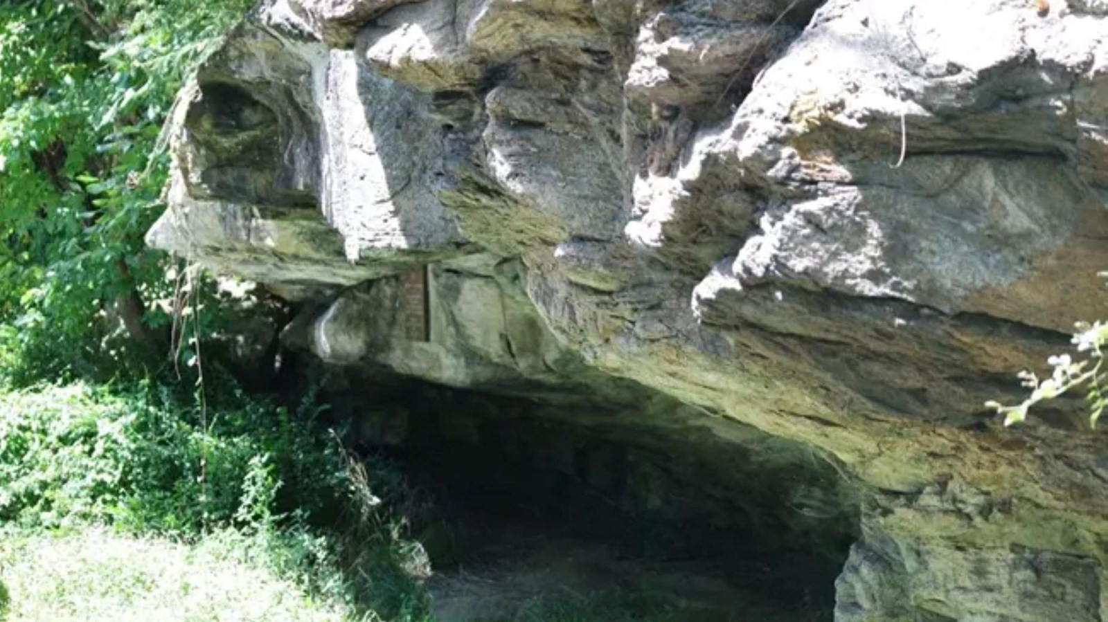A large rock provides cover over a gravel trail