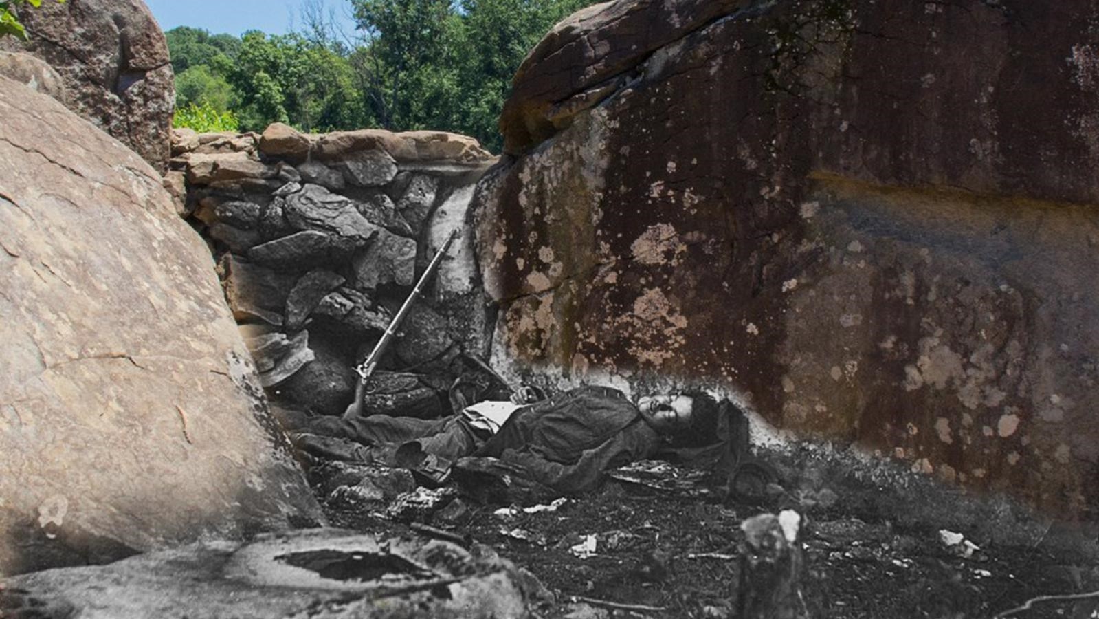 A historic image of a dead Confederate soldier overlayed on a modern image of the location.