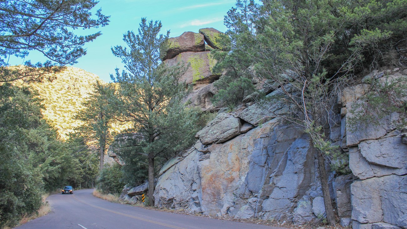 car drives a two lane road with trees on both sides and rocks towering above