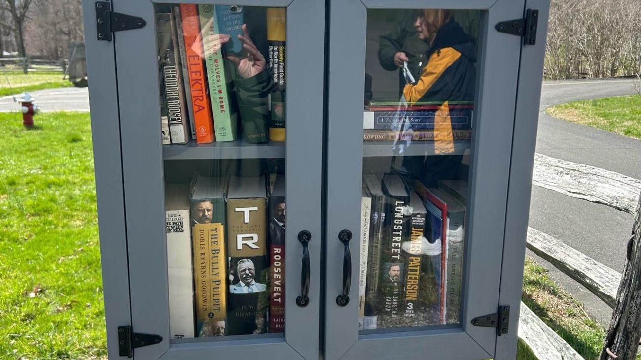 A  gray Little Free Library standing on a grass lawn