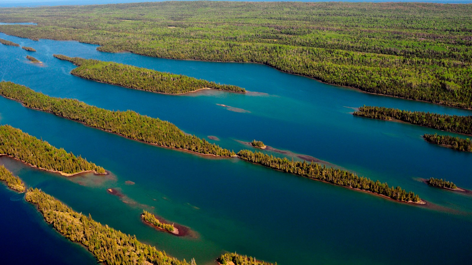 An aerial view of a forested island with many coves, inlets and islands.