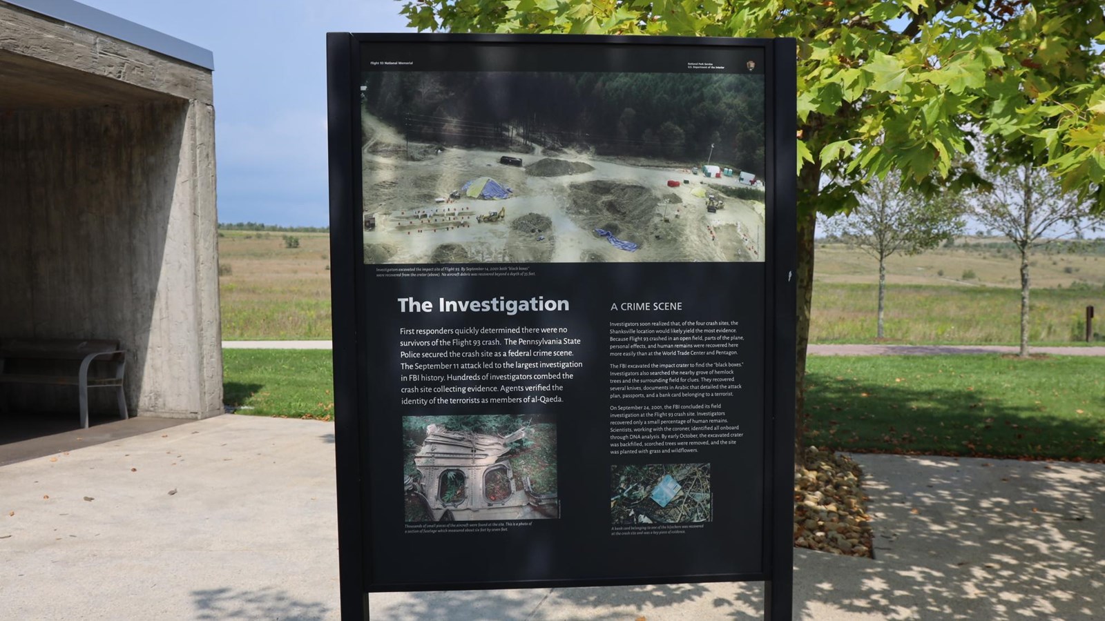 Sign with images of the investigation and pieces of evidence.