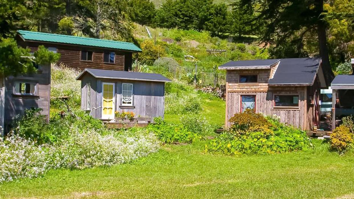 Wood cabins in a green field at the ranch. 