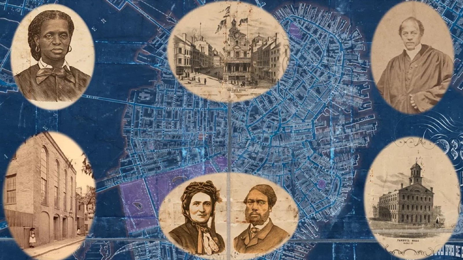 Antiqued map of old Boston with several images of famous Bostonians and buildings overlayed on top