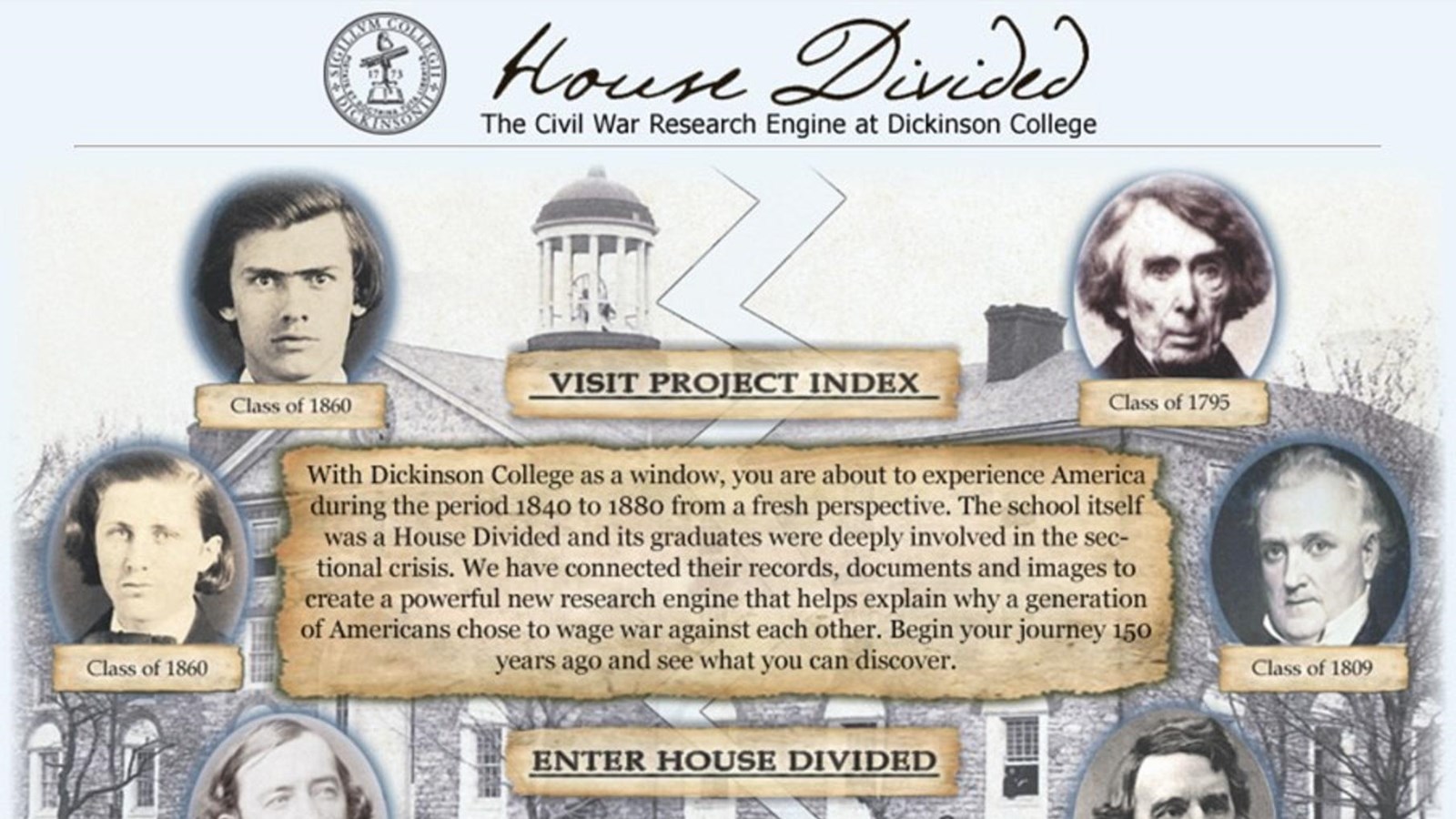 Image of main webpage titled “House Divided: The Civil War Research Engine at Dickinson College