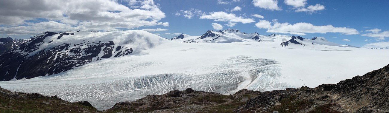 View of a glacier and icefield with mountains in the background. 