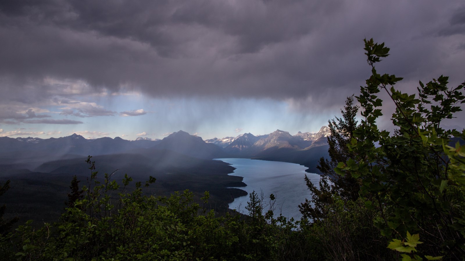 Trees in the foreground, mountains clouds, and a lake in the background.