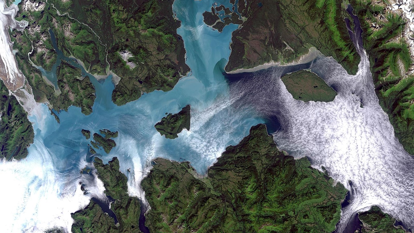 A satellite\'s view of Icy Strait and the mouth of Glacier Bay.