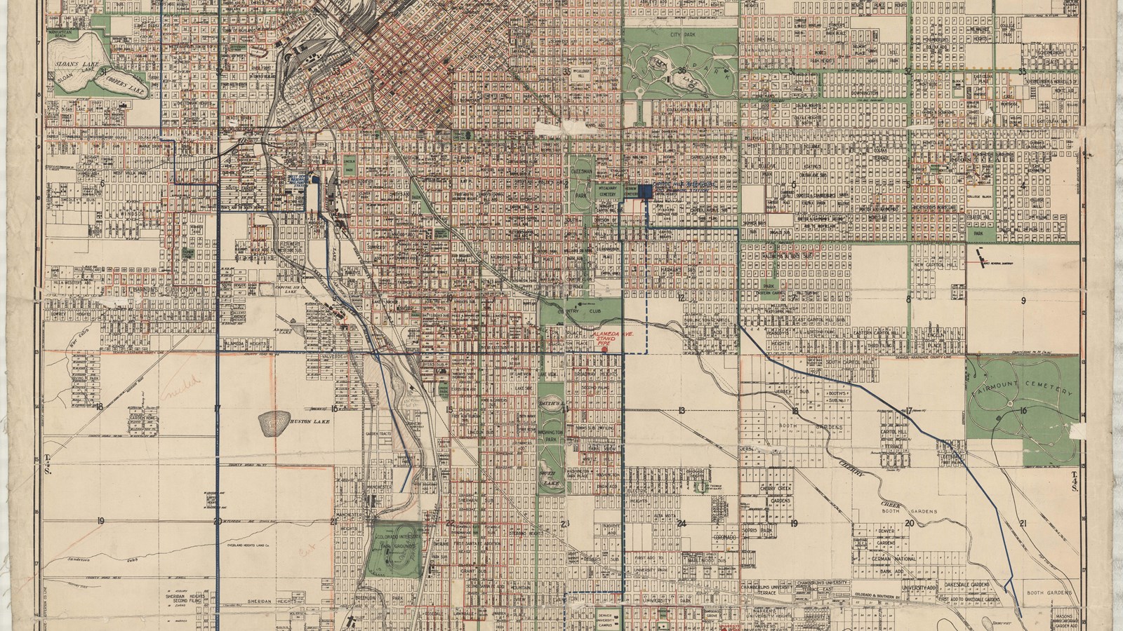 Map of city with roads and green space