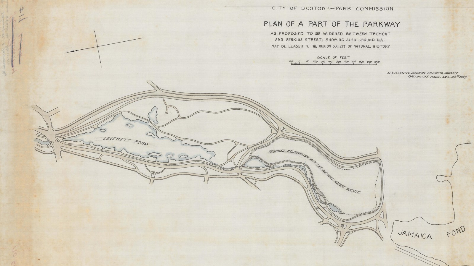 Pencil plan of curving roads with open space in between and large body of water in between