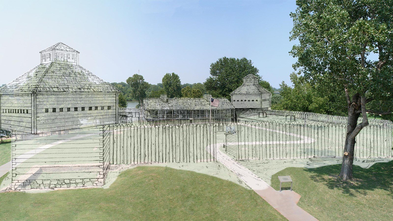 A drawing of the first fort is layered over the existing foundation.