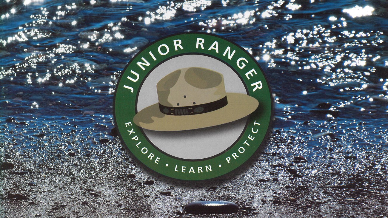 A photo of water and beach with a Junior Ranger logo superimposed in the center.