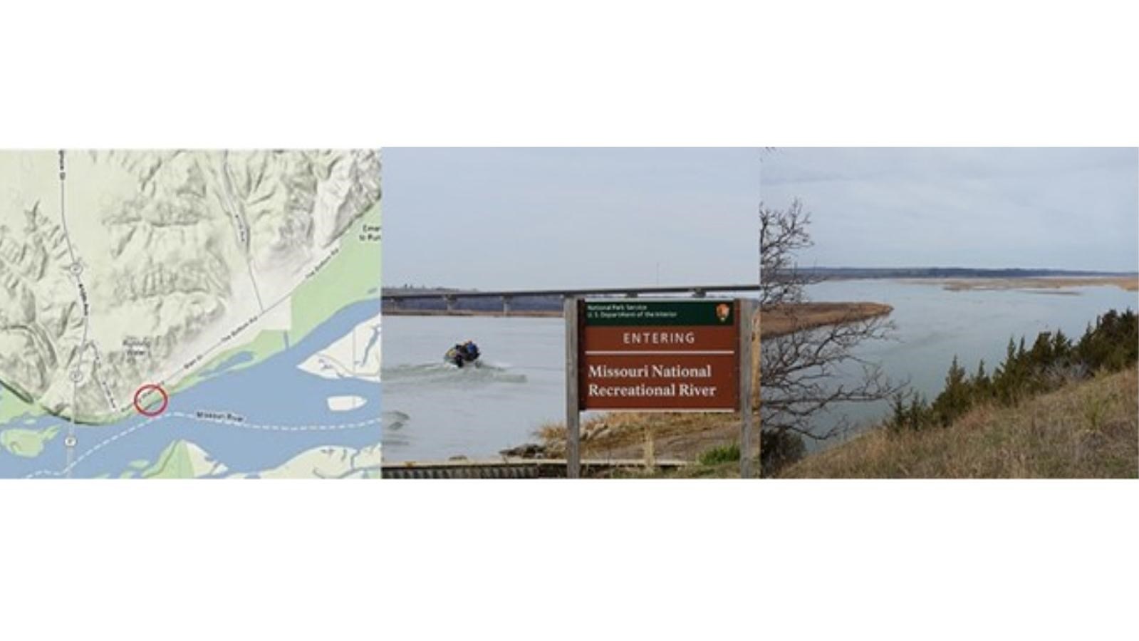 Aerial map of Running Water river access point with NPS signage near the river. 