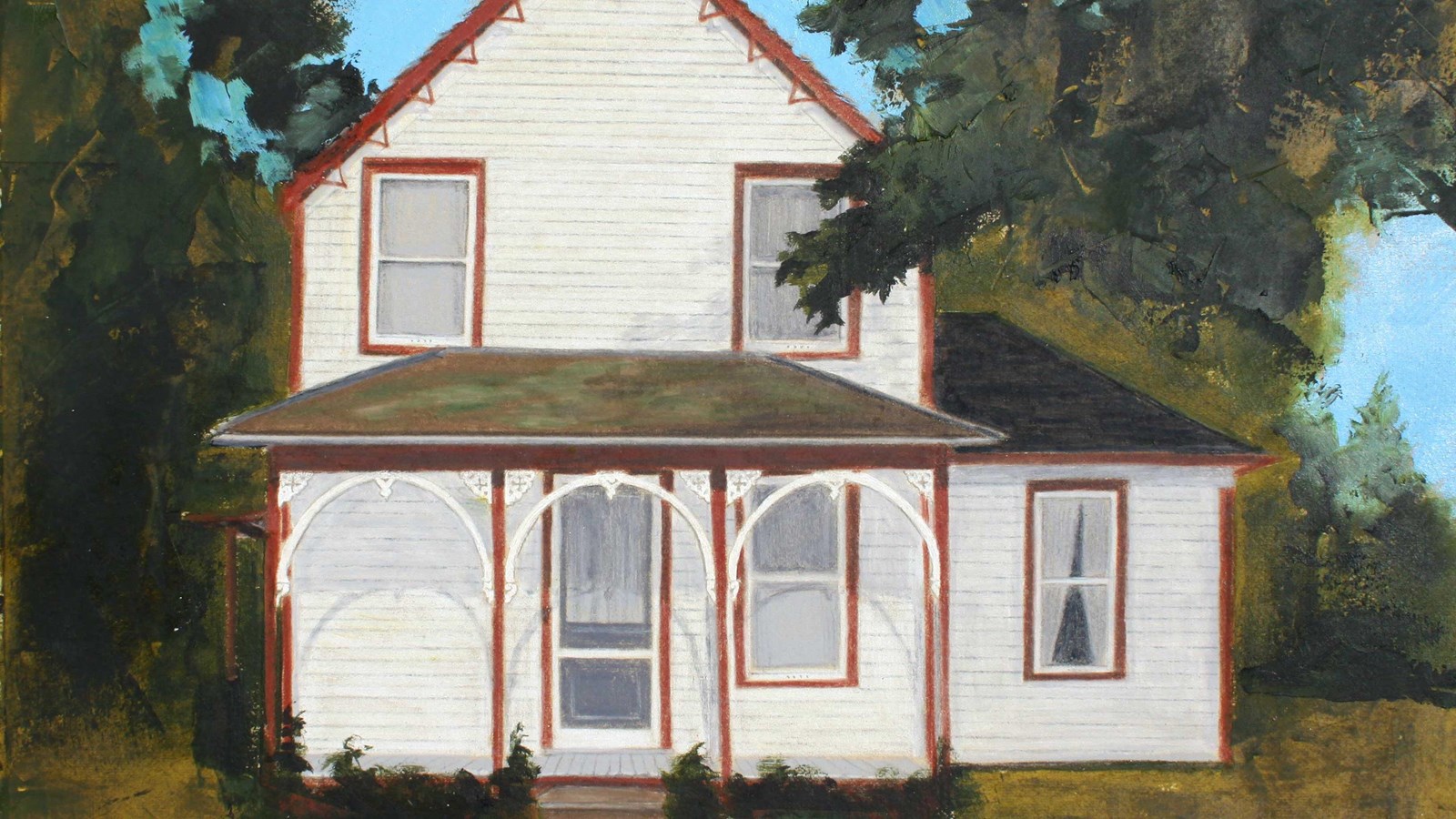 A painting depicts a yellow two story house has brown trim and Carpenter Gothic gingerbread.