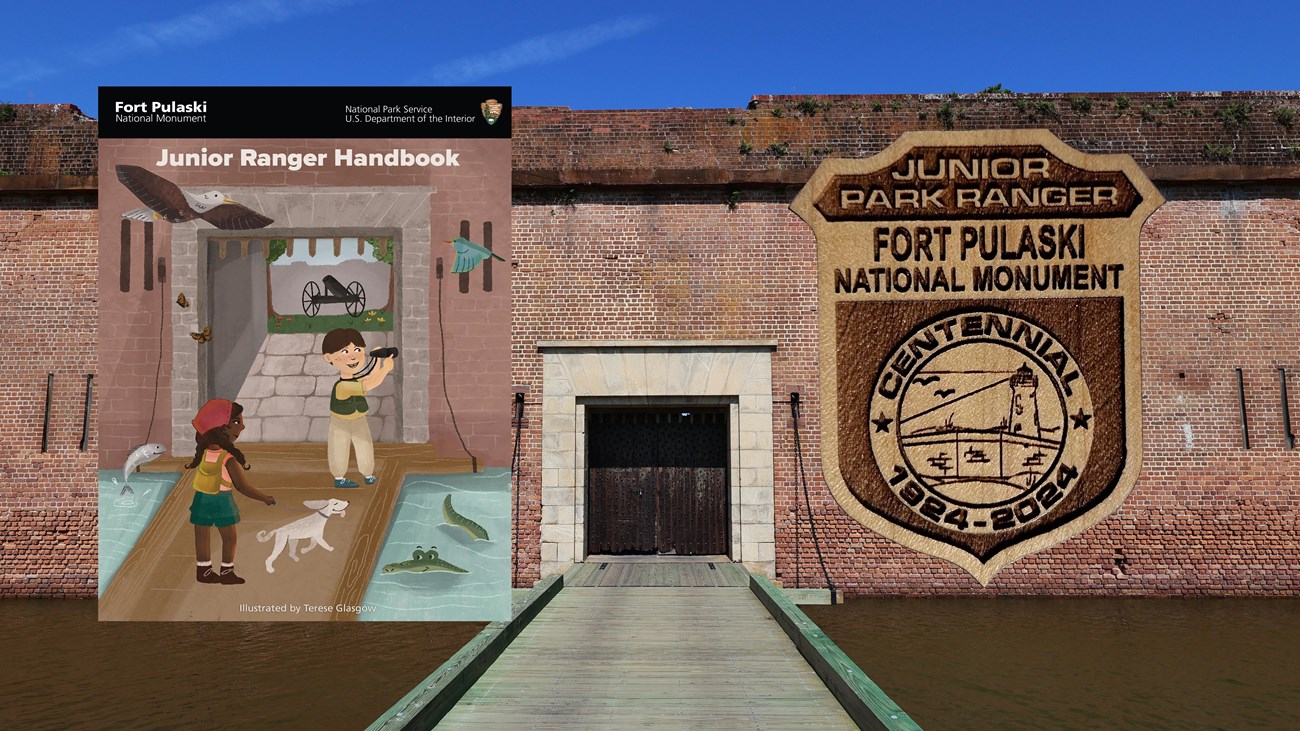 A brick fort with drawbridge with photoshopped images of a booklet and a wooden badge.