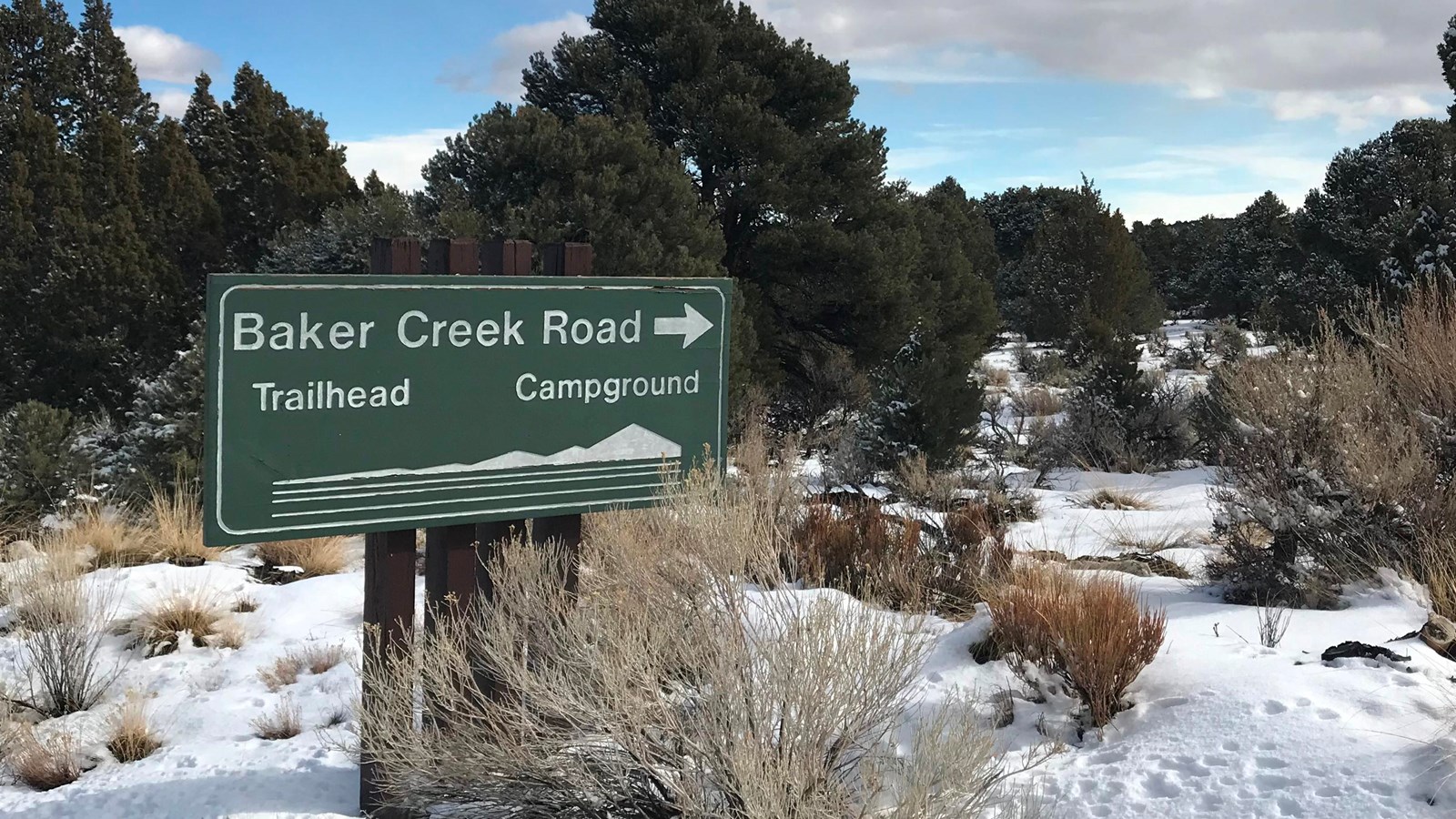 Green and white road sign for Baker Road