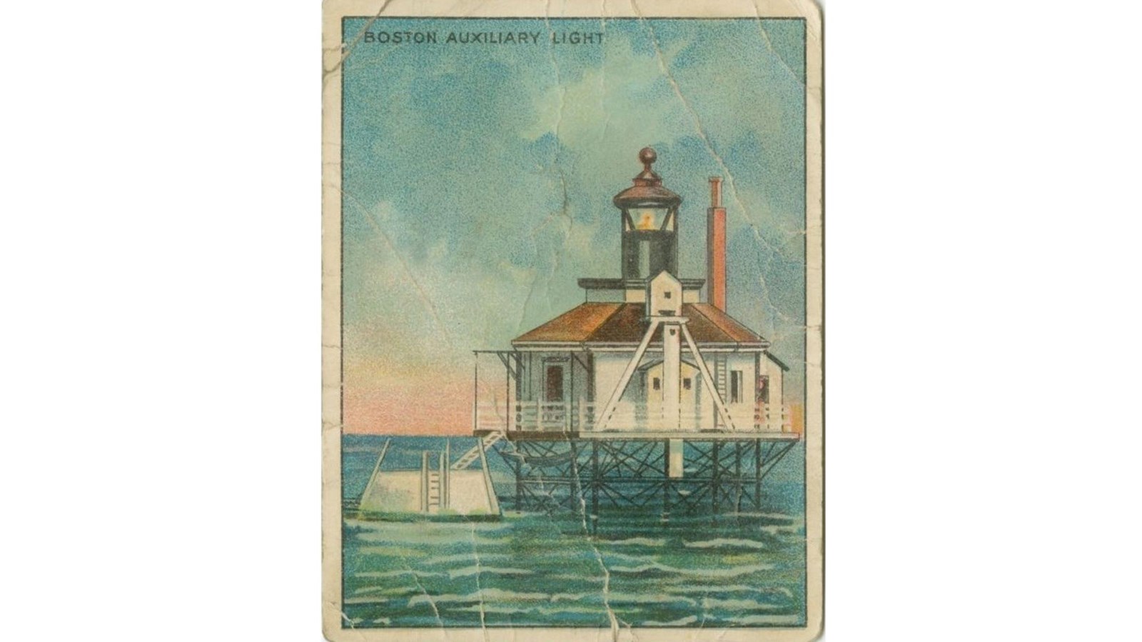 A colored postcard showing a white and brown lighthouse on metal frame above calm water