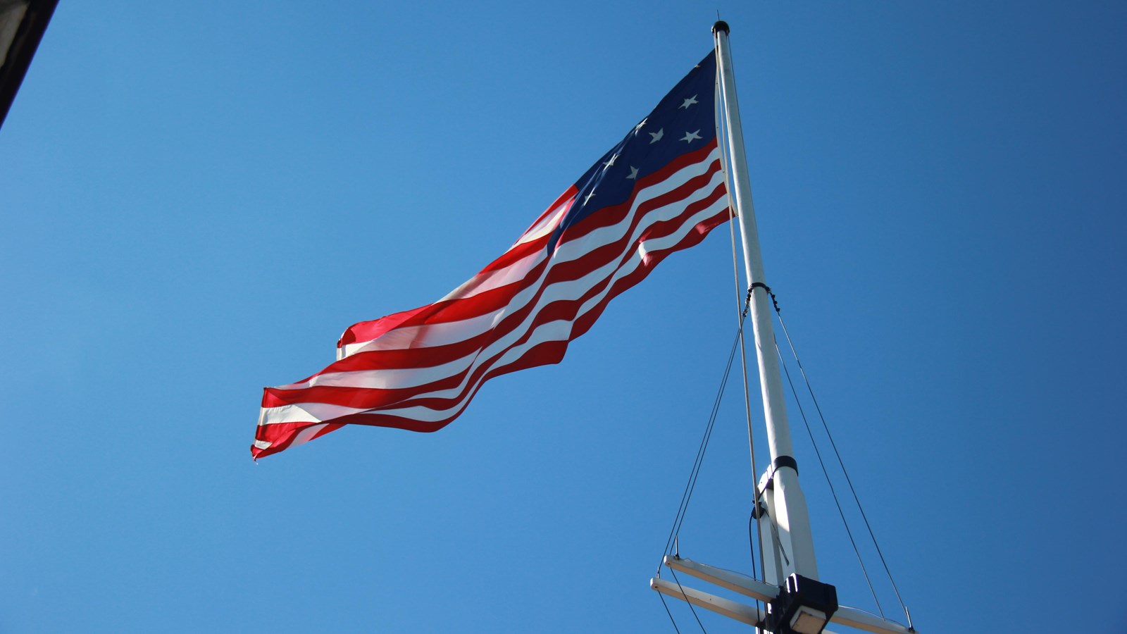 A view of the storm flag on the Fort McHenry flag pole. 